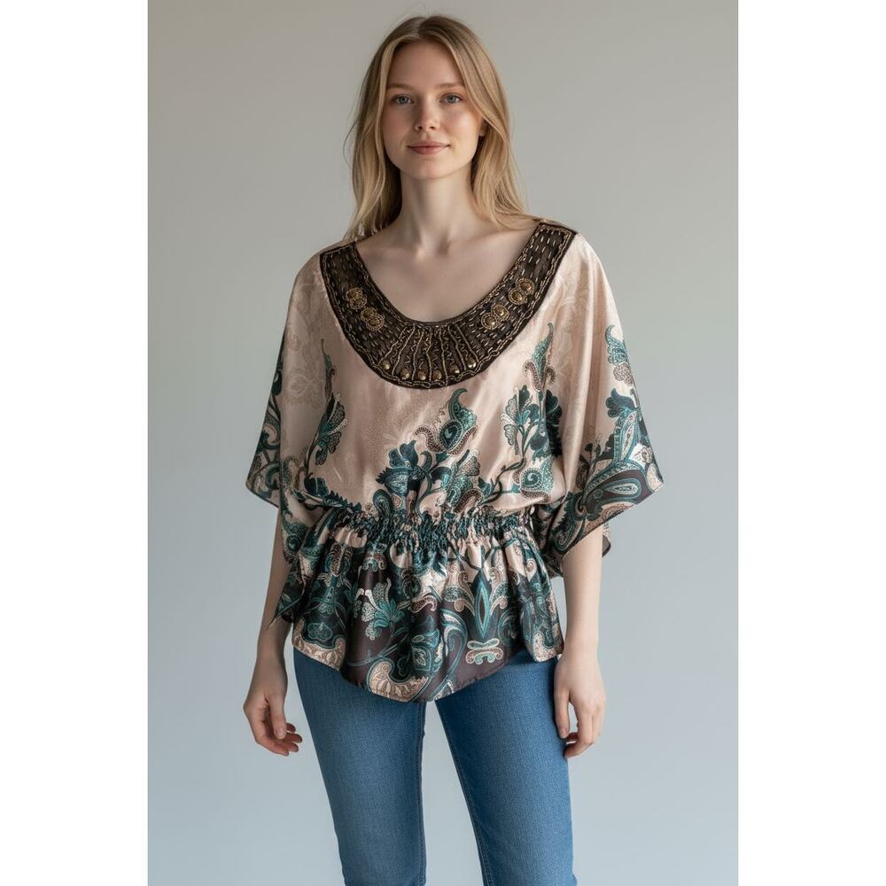 Heart Soul Women Blouse Beaded Collar Grey/Teal Sz M